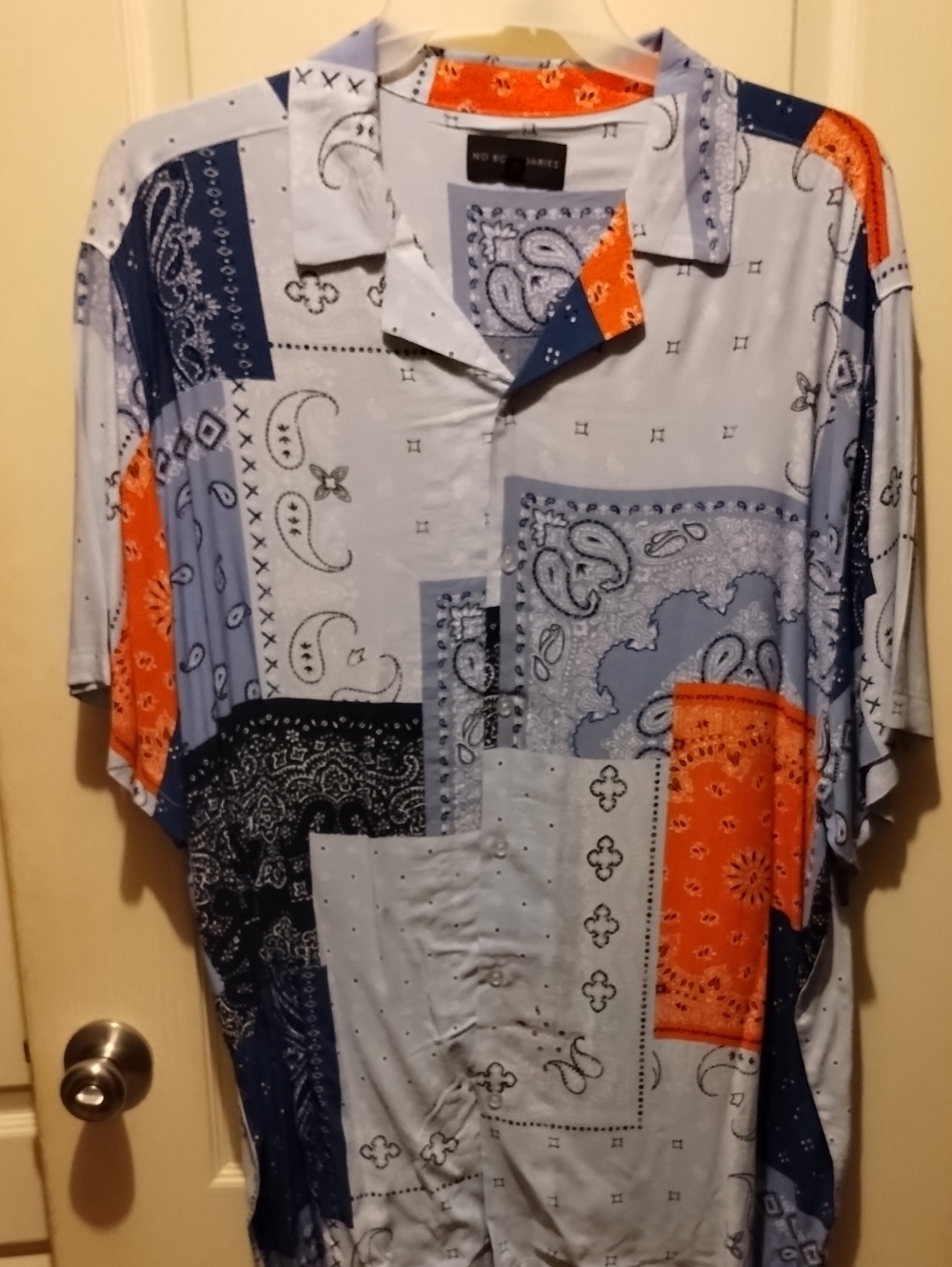 Men's Short-Sleeve Patchwork Bandana Print Shirt - Light Blue & Orange